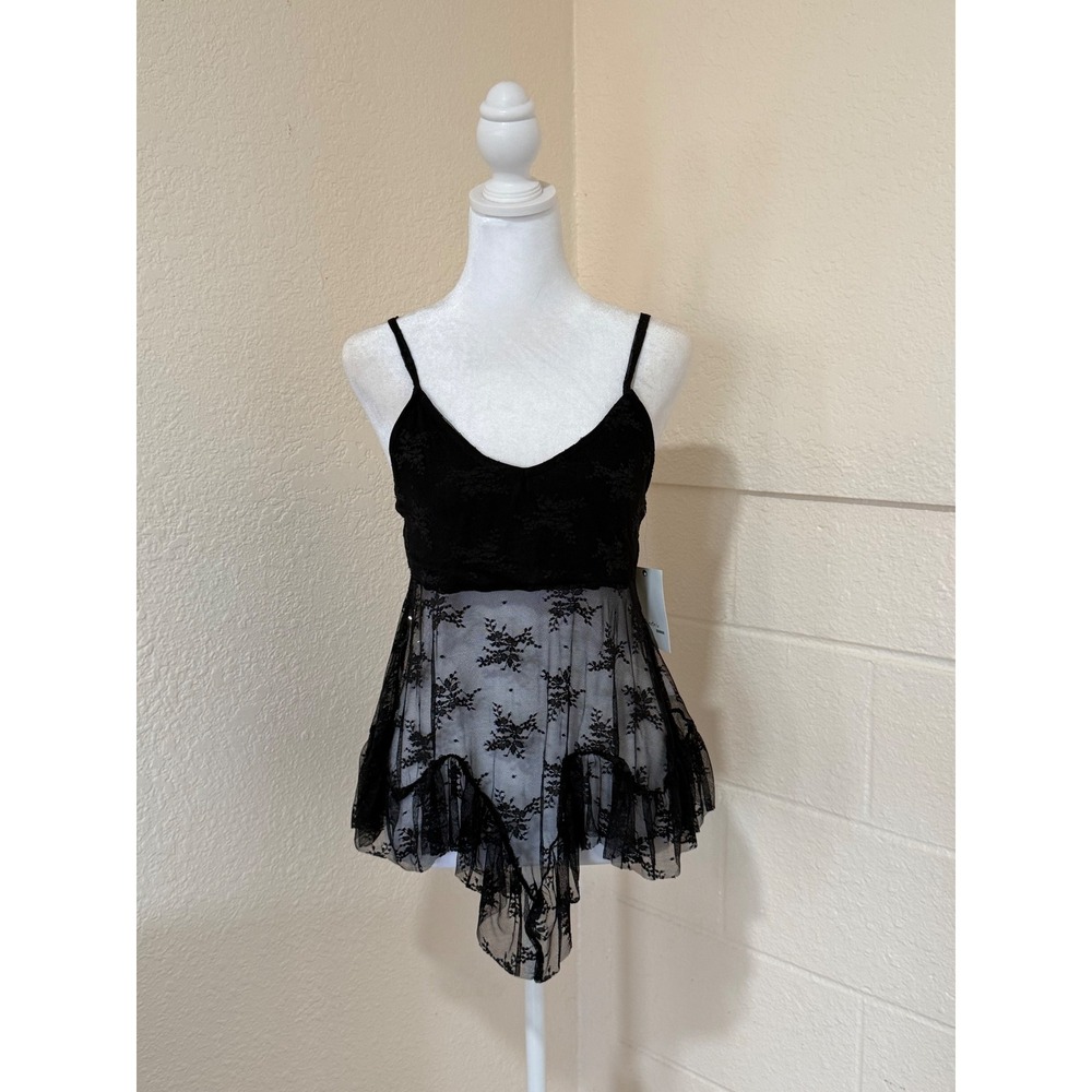 Electric Behaviour Lace Babydoll Cami Top Womens Medium‎ Black Sheer Witchy Goth